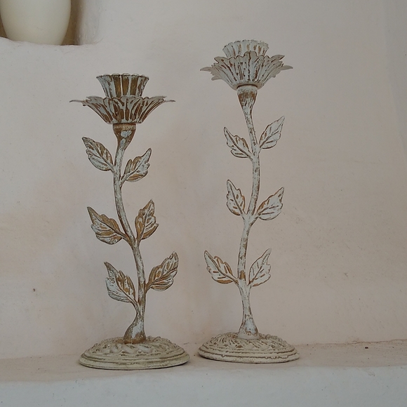 Vintage Other - Metal Daffodil Candle Sticks Victorian Inspired Botanical Antique White